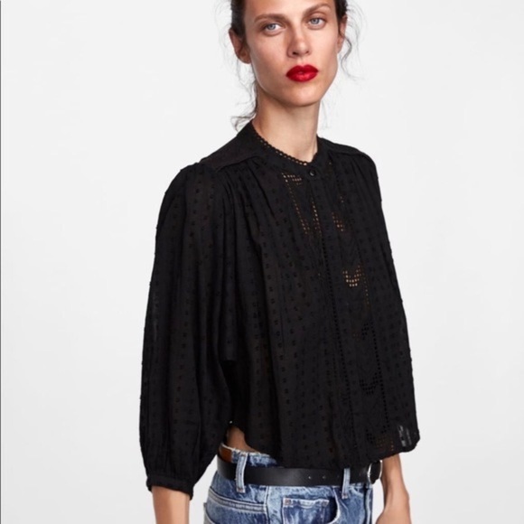 Zara Black Cropped Embroidered Swiss Dot 3/4 Sleeve Blouse Size L - Picture 5 of 17